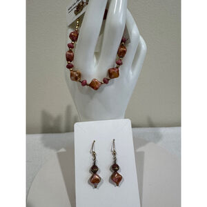 Handcrafted artisan rhodonite and glass bead 7.5” bracelet and earrings set NWT